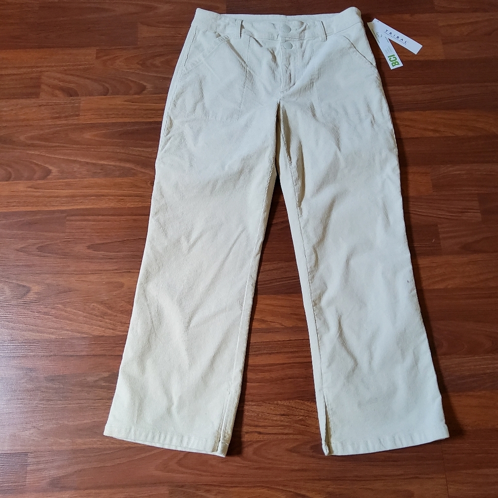 New Tribal Corduroy Utility Straight Leg High Waist Crop Pants Size 8 Cream